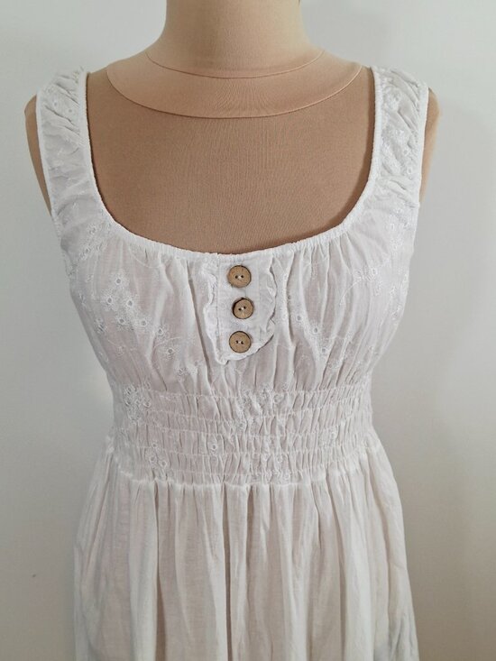 Boho XL White Embroidered Cotton Peasant Tiered Maxi Dress Smocked Stretch Waist - Picture 3 of 13